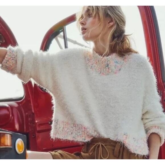 Free People Stardust Pullover Sweater Gardenia Combo Crop Cozy Size Small NEW - Picture 1 of 8